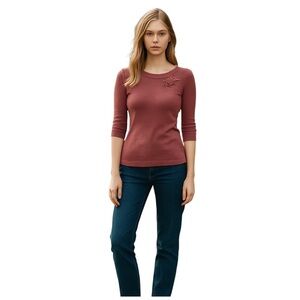 One Heart Wide Crewneck Sweater w/ Flower Embellishment. Brown. Small